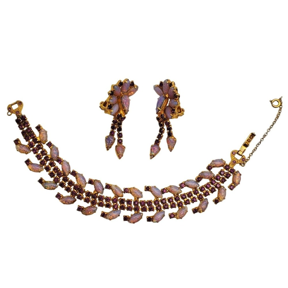 Vintage Bracelet Earring Set Pink Purple Faux Opal Rhinestone Summer Dangle Drop
